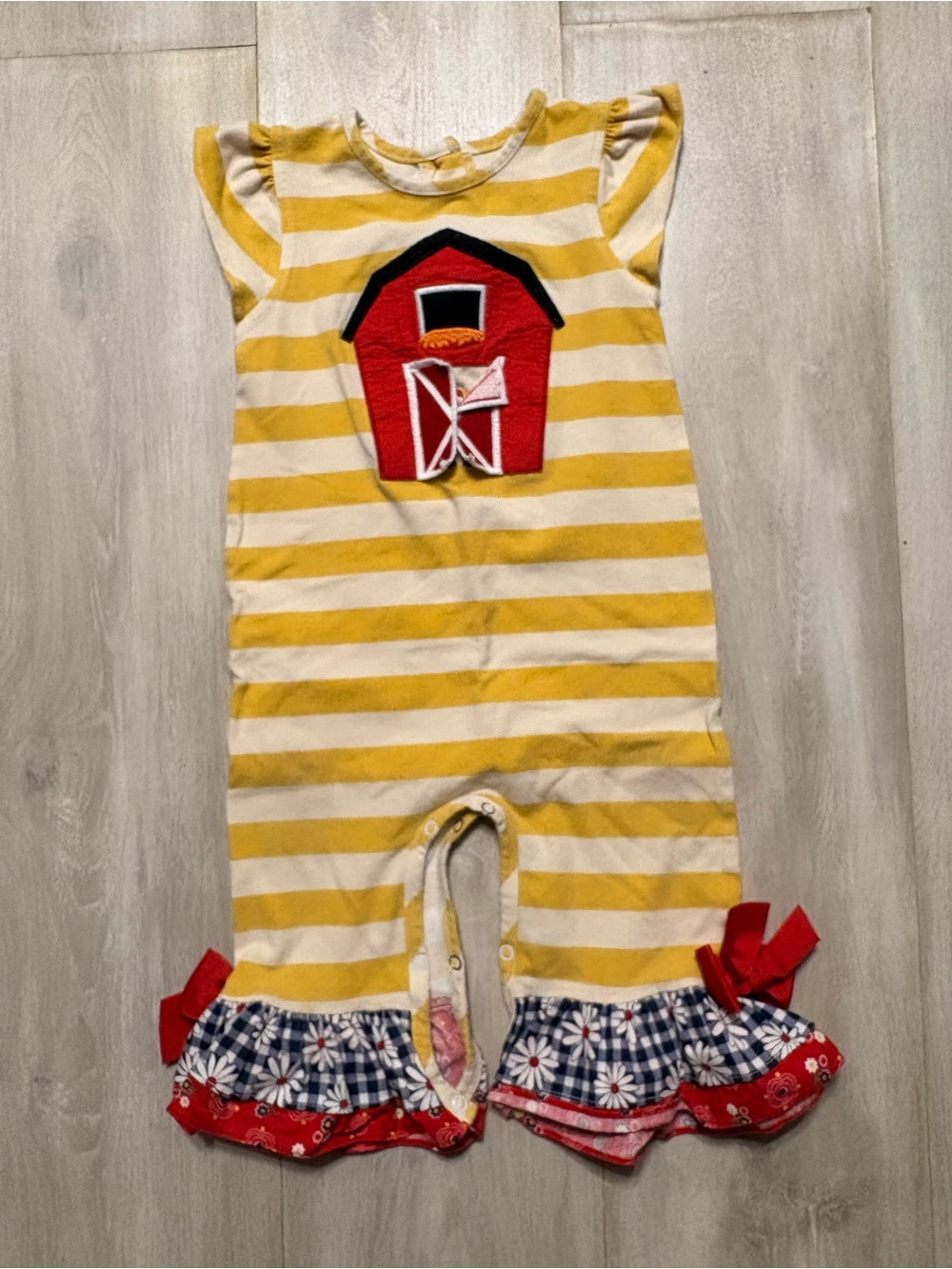 Ruffle Butts Yellow and White Striped Barn Applique One-Piece
